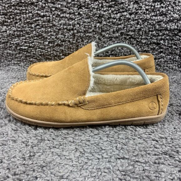 Lands' End Mens Slippers Size 11 Fuzzy Lined English Tan Suede Moccasin Slipper - Picture 1 of 8